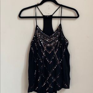 Black sequin express racer back tank, small.